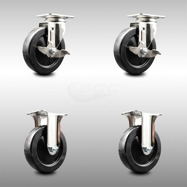 5 Inch 316SS Hard Rubber Wheel Swivel Top Plate Caster Brake 2 Rigid SCC, 2PK